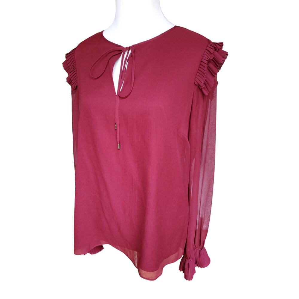 Elie Tahari Maroon Red Silk Blouse Top Keyhole Tie Neck Sheer Sleeves Sz M
